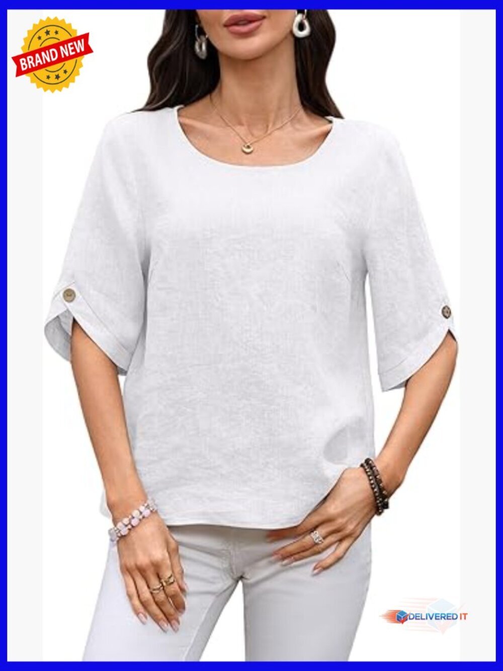 100% Linen 3/4 Sleeve Button Crewneck Blouse Summer Top